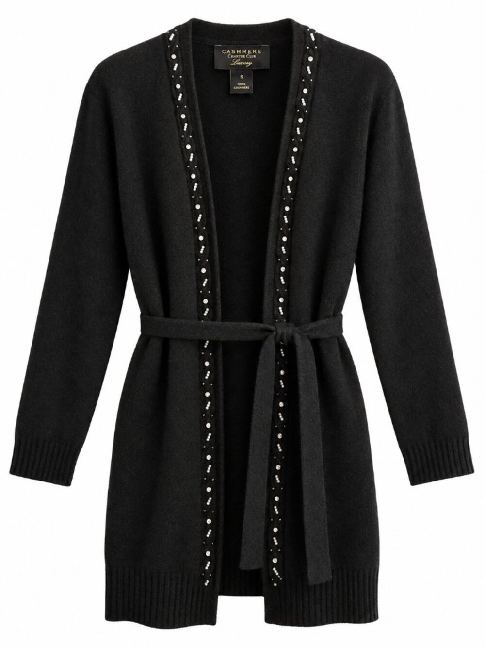 CHARTER CLUB Luxury 100% Cashmere Embellished Rhinestone Belted Cardigan Black S